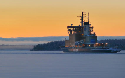 YMER Icebreaker in action without any trace of smoke in the chimney.